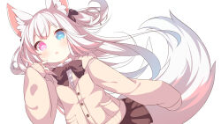 Rule 34 | 1girl, animal ear fluff, animal ears, blue eyes, bow, brown bow, brown cardigan, brown skirt, cardigan, collared shirt, commission, daidai ookami, dress shirt, hair bow, heterochromia, highres, hood, hood down, hooded cardigan, long hair, long sleeves, looking at viewer, original, parted lips, pink eyes, pleated skirt, puffy long sleeves, puffy sleeves, shirt, simple background, skeb commission, skirt, sleeves past fingers, sleeves past wrists, solo, tail, very long hair, white background, white hair, white shirt