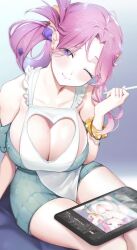 Rule 34 | 1girl, asumi03330, blush, breasts, cleavage, collarbone, drawing tablet, dress, hair ornament, highres, holding, holding stylus, jewelry, large breasts, looking at viewer, mole, mole on breast, mole on thigh, one eye closed, original, pink hair, purple eyes, ring, simple background, sitting, solo, stylus, thighs