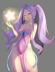 Rule 34 | 1girl, :q, assassin of the nocturnal castle, breasts, collarbone, covered navel, cowboy shot, earrings, fate (series), finger to tongue, glowing, glowing eyes, highres, jewelry, long hair, looking at viewer, naughty face, nikuku (kazedesune), pelvic curtain, pink eyes, purple hair, raised eyebrows, small breasts, solo, star (symbol), thighs, tongue, tongue out, twintails, wide hips, wu zetian (fate), wu zetian (first ascension) (fate)