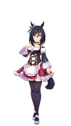 Rule 34 | 1girl, animal ears, apron, bad id, black hair, black thighhighs, blouse, blue eyes, blue footwear, blue ribbon, bob cut, bow, breasts, buckle, choker, cleavage, closed mouth, collarbone, corset, detached sleeves, ear ribbon, ear scrunchie, eishin flash (umamusume), frilled apron, frilled skirt, frilled sleeves, frills, front-tie top, full body, game model, hand on own chest, high heels, highres, horse ears, horse girl, horse tail, long sleeves, looking at viewer, medium breasts, medium hair, miniskirt, puffy detached sleeves, puffy long sleeves, puffy sleeves, purple skirt, red choker, red skirt, ribbon, scrunchie, shirt, shoes, skirt, solo, standing, striped clothes, striped skirt, swept bangs, tail, thighhighs, thighs, transparent background, trimmed tail, umamusume, underbust, vertical-striped clothes, vertical-striped skirt, waitress, white apron, white scrunchie, white shirt, wide sleeves, zettai ryouiki