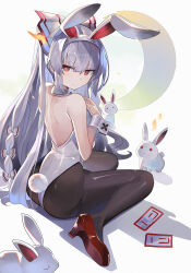 Rule 34 | 1girl, alternate costume, animal, animal ears, ass, bare shoulders, blunt bangs, bow, closed mouth, commentary request, crescent moon, detached collar, fake animal ears, fake tail, falken (yutozin), from behind, frown, fujiwara no mokou, full body, grey hair, hair bow, hairband, high heels, highres, leotard, long hair, looking at viewer, looking back, moon, ofuda, pantyhose, playboy bunny, ponytail, rabbit, rabbit ears, rabbit tail, red eyes, red footwear, revision, shoes, simple background, sitting, tail, touhou, very long hair, wariza, white background, white bow, white hairband, white leotard, wrist cuffs
