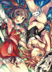 Rule 34 | 2girls, :o, :q, armpits, blonde hair, blue eyes, bow, brown hair, chesha, detached sleeves, female focus, hair bow, hakurei reimu, hat, japanese clothes, kirisame marisa, bridal garter, miko, multiple girls, one eye closed, open mouth, panties, rotational symmetry, side-tie panties, tongue, tongue out, touhou, underwear, upside-down, wazakita, wink, witch, witch hat
