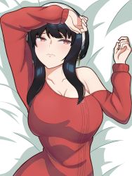Rule 34 | 1girl, arm over head, bed sheet, black bitou, black hair, blush, breasts, closed mouth, earrings, gold earrings, hairband, highres, jewelry, large breasts, long hair, looking away, looking to the side, lying, off-shoulder sweater, off shoulder, on back, raised eyebrows, red eyes, red sweater, sidelocks, single bare shoulder, solo, spy x family, sweater, upper body, white hairband, yor briar