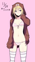 Rule 34 | 1girl, absurdres, animal hood, bikini, biomega, blonde hair, breasts, character request, closed mouth, highres, hood, hoodie, looking at viewer, pink bikini, sakuma tsukasa, short hair, simple background, solo, standing, striped bikini, striped clothes, striped thighhighs, swimsuit, thighhighs