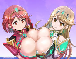 Rule 34 | 2girls, blonde hair, blue background, blush, breast press, breasts, brown eyes, cleavage, earrings, female focus, gradient background, highres, huge breasts, jewelry, light blush, long hair, looking at viewer, multiple girls, mythra (xenoblade), nintendo, pyra (xenoblade), rebis, red eyes, red hair, selfcest, short hair, skindentation, smile, sweat, swept bangs, symmetrical docking, tiara, upper body, wavy mouth, xenoblade chronicles (series), xenoblade chronicles 2