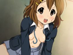 Rule 34 | 1girl, aftersex, blouse, blush, breasts, breasts out, brown hair, collarbone, cum, cum in mouth, cum on body, cum on breasts, cum on upper body, cumdrip, facial, hirasawa yui, jacket, k-on!, looking at viewer, navel, nipples, no bra, open clothes, open jacket, open mouth, open shirt, ryunnu, school uniform, shirt, short hair, small breasts, solo focus