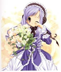Rule 34 | 00s, 1girl, aria (sister princess), black ribbon, bouquet, braid, cowboy shot, dress, drill hair, earmuffs, floral background, flower, frills, hairband, holding, holding flower, leaf, long hair, looking at viewer, official art, one eye closed, plant, purple eyes, purple hair, ribbon, rose, sister princess, smile, solo, swept bangs, tears, vines, white flower, white rose, wrist cuffs, wrist ribbon