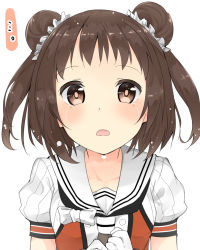 Rule 34 | ..., 10s, 1girl, blush, brown eyes, brown hair, crying, crying with eyes open, double bun, gloves, hair bun, hair ornament, highres, kantai collection, looking at viewer, max melon, naka (kancolle), naka kai ni (kancolle), neckerchief, open mouth, pov, puffy short sleeves, puffy sleeves, sailor collar, short hair, short sleeves, simple background, solo, tears, twintails, upper body, white background, white gloves