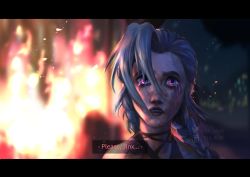 Rule 34 | 1girl, arcane: league of legends, arcane jinx, artist name, bare shoulders, blue hair, blurry, blurry background, braid, english text, fire, highres, jinx (league of legends), koda lacar, league of legends, letterboxed, long hair, looking at viewer, pink eyes, portrait, red lips, solo, subtitled, tears, teeth, twin braids