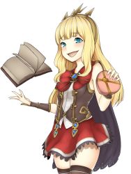 Rule 34 | 1girl, :d, aqua eyes, black cape, black thighhighs, blonde hair, blunt bangs, blush, book, bow, cagliostro (granblue fantasy), cape, cowboy shot, floating, floating book, floating object, granblue fantasy, hairband, heart, long hair, looking at viewer, moshi (atelier33-4), open mouth, red bow, red skirt, simple background, skirt, sleeveless, smile, solo, thighhighs, troll face, vambraces, white background, zettai ryouiki