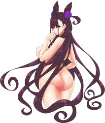 Rule 34 | 1girl, ass, back, blush, breasts, closed mouth, commentary request, cone hair bun, double bun, fate/grand order, fate (series), hair between eyes, hair bun, hair ornament, hayama kazusa, highres, large breasts, long hair, looking at viewer, looking back, murasaki shikibu (fate), nipples, nude, purple eyes, simple background, solo, thighs, two side up, very long hair