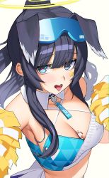 Rule 34 | 1girl, animal ears, armpits, bare shoulders, between breasts, black hair, blue archive, blue eyes, breasts, cheerleader, cleavage, criss-cross halter, crop top, detached collar, dog ears, dog girl, extra ears, goggles, goggles on head, halterneck, heart, heart-shaped pupils, hibiki (blue archive), hibiki (cheer squad) (blue archive), highres, holding, holding pom poms, long hair, looking at viewer, medium breasts, midriff, migu (iws2525), millennium cheerleader outfit (blue archive), open mouth, pom pom (cheerleading), pom poms, ponytail, shirt, skirt, sleeveless, sleeveless shirt, solo, spaghetti strap, stomach, symbol-shaped pupils, tongue, tongue out, white shirt, white skirt
