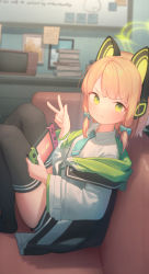 Rule 34 | 1girl, animal ear headphones, animal ears, aqua neckwear, black thighhighs, blue archive, blue bow, blurry, blurry background, book, book stack, bow, cat ear headphones, coat, commentary, couch, doribae, fake animal ears, green eyes, hair bow, halo, handheld game console, headphones, highres, holding, indoors, long sleeves, looking at viewer, medium hair, midori (blue archive), nintendo switch, orange hair, shirt, sitting, smile, solo, thighhighs, w, white shirt