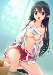 Rule 34 | 10s, 1girl, barefoot, black hair, breasts, brown eyes, cleavage, d:, dutch angle, hair ornament, hairband, hairclip, haruna (kancolle), ichikawa noa, japanese clothes, kantai collection, kneeling, long hair, looking at viewer, navel, nontraditional miko, open clothes, open mouth, ribbon-trimmed sleeves, ribbon trim, round window, sarashi, solo, tub, underboob, undone sarashi, window