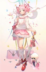 Rule 34 | 1girl, bag, bow, closed mouth, full body, high heels, highres, holding, holding umbrella, jewelry, kaname madoka, kyubey, mahou shoujo madoka magica, mahou shoujo madoka magica (anime), on shoulder, pendant, pink bag, pink bow, pink eyes, pink hair, pink skirt, red footwear, rumoon, shirt, short hair, short twintails, skirt, smile, socks, standing, twintails, umbrella, white background, white shirt, white socks