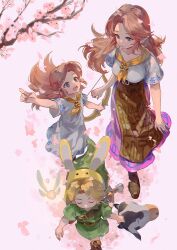 Rule 34 | 1boy, 2girls, animal ears, blonde hair, blue eyes, boots, bow (weapon), breasts, brown footwear, brown hair, bunny hood (zelda), cherry blossoms, closed eyes, cow mask, cremia, dress, fairy, fake animal ears, falling petals, green tunic, holding, holding bow (weapon), holding mask, holding weapon, link, long hair, long skirt, mask, medium breasts, multiple girls, navi, neckerchief, nintendo, parted bangs, petals, pink skirt, pointing, pointy ears, rabbit ears, rain rkgk, romani (zelda), short hair, short sleeves, siblings, sidelocks, sisters, skirt, the legend of zelda, the legend of zelda: majora&#039;s mask, weapon, white dress, yellow neckerchief, young link