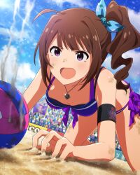 Rule 34 | 1girl, all fours, ball, beach volleyball, bikini, blue bow, bow, breasts, brown hair, cleavage, cloud, crowd, hair bow, hair ornament, idolmaster, idolmaster million live!, idolmaster million live! theater days, jewelry, medium breasts, necklace, official art, open mouth, purple eyes, sand, side ponytail, smoke, solo, swimsuit, volleyball, volleyball (object), yokoyama nao