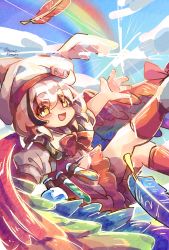 Rule 34 | 1girl, black hair, blue sky, collared shirt, commentary request, feathers, hat, highres, hollow song of birds, mame komari, multicolored hair, neck ribbon, open mouth, puffy short sleeves, puffy sleeves, rainbow, rainbow wings, red ribbon, red skirt, red socks, ribbon, shirt, short sleeves, skirt, sky, smile, socks, solo, torisumi horou, touhou, white footwear, white hair, white hat, white shirt, winged hat, wings, yellow eyes