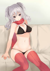 Rule 34 | 1girl, bad anatomy, bad proportions, blush, breasts, grey eyes, hair between eyes, highres, inushi, kantai collection, kashima (kancolle), large breasts, long hair, navel, no headwear, no headwear, red thighhighs, silver hair, sitting, solo, thighhighs, two side up