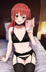 Rule 34 | 1girl, arm support, bed, bed sheet, black bra, black panties, black thighhighs, blush, bocchi the rock!, bra, cellphone, collarbone, highres, holding, holding phone, kita ikuyo, long hair, navel, one side up, open mouth, panties, phone, pillow, red hair, rouka (akatyann), smartphone, smile, solo, thighhighs, underwear, yellow eyes