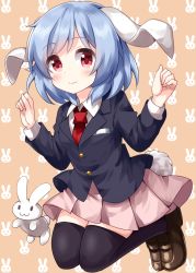 Rule 34 | 1girl, :3, animal ears, black jacket, black thighhighs, blazer, blue hair, brown footwear, buttons, clenched hands, closed mouth, collared shirt, full body, highres, jacket, legs up, long sleeves, looking at viewer, medium hair, necktie, open mouth, orange background, pink skirt, pleated skirt, rabbit, rabbit background, rabbit ears, rabbit tail, red eyes, red neckwear, reisen, ruu (tksymkw), shirt, skirt, smile, tail, thighhighs, touhou, white shirt