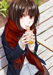 Rule 34 | 1girl, absurdres, bad id, bad pixiv id, beige sweater, bench, black pantyhose, blue skirt, blush, bottle, brown eyes, day, from above, head tilt, highres, holding, holding bottle, long hair, looking at viewer, original, outdoors, pantyhose, plant, red scarf, reimaco, scarf, sitting, sketch, skirt, sleeves past wrists, solo, sweater