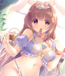 Rule 34 | 1girl, animal ears, basket, between breasts, bow, bra, breasts, brown eyes, brown hair, cleavage, closed mouth, commentary request, detached sleeves, easter egg, egg, flower, hair bow, hair flower, hair ornament, hands up, indoors, long hair, looking at viewer, medium breasts, mouth hold, navel, original, out-of-frame censoring, panties, puffy short sleeves, puffy sleeves, purple bra, purple panties, purple sleeves, rabbit ears, red bow, ribbon, ribbon in mouth, short sleeves, side-tie panties, smile, solo, striped, striped bow, underwear, untied panties, very long hair, window, yukie (peach candy)