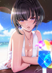 Rule 34 | 1girl, bad id, bad pixiv id, bare shoulders, beach, black hair, blue sky, blurry, blurry background, blurry foreground, blush, bob cut, bracelet, cocktail, commentary request, cross, cross necklace, crossed arms, day, depth of field, dress, earrings, idolmaster, idolmaster cinderella girls, jewelry, koya (koya x 00), leaning forward, leaning on object, looking at viewer, necklace, ocean, outdoors, parted lips, purple eyes, shirayuki chiyo, short hair, signature, sky, sleeveless, sleeveless dress, solo, sparkle, white dress