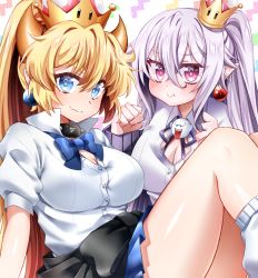 Rule 34 | 2girls, bad id, bad pixiv id, black jacket, blonde hair, blue bow, blue eyes, blue skirt, blush, bow, bowsette, breasts, cleavage, clenched hands, clothes around waist, collar, collared shirt, commentary request, covered navel, crown, earrings, fang, forked eyebrows, hago, hair between eyes, horns, jacket, jacket around waist, jewelry, kneehighs, large breasts, long hair, looking at viewer, luigi&#039;s mansion, mario (series), mini crown, multiple girls, new super mario bros. u deluxe, nintendo, pleated skirt, pointy ears, ponytail, pout, princess king boo, purple eyes, purple ribbon, purple shirt, ribbon, school uniform, shirt, short sleeves, sitting, skirt, smile, socks, spiked collar, spikes, super crown, thick eyebrows, tilted headwear, unbuttoned, very long hair, white hair, white shirt