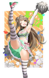 Rule 34 | 1girl, ;d, absurdres, alternate costume, armpits, brown hair, cheerleader, commission, green eyes, green panties, highres, long hair, love live!, minami kotori, nakano maru, one eye closed, open mouth, panties, pixiv commission, smile, solo, standing, standing on one leg, striped clothes, striped thighhighs, takaramonozu, teeth, thighhighs, underwear, upper teeth only