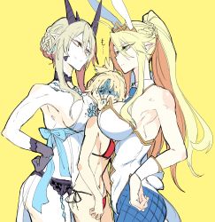 Rule 34 | 3girls, absurdres, animal ears, armpits, artoria pendragon (all), artoria pendragon (fate), artoria pendragon (lancer) (fate), artoria pendragon (lancer alter) (fate), artoria pendragon (lancer alter) (royal icing) (fate), artoria pendragon (swimsuit ruler) (fate), between breasts, bikini, blonde hair, braid, breasts, cowboy shot, fake animal ears, fate/grand order, fate (series), french braid, green eyes, hair between eyes, hands on own hips, highres, large breasts, leotard, long hair, mordred (fate), mordred (fate) (all), mordred (fate/apocrypha), mordred (swimsuit rider) (fate), mordred (swimsuit rider) (first ascension) (fate), multiple girls, official alternate costume, pantyhose, playboy bunny, pointy ears, rabbit ears, rabbit tail, shaded face, side-tie bikini bottom, sideboob, small breasts, sweat, swimsuit, tail, takatsuki nato, yellow background, yellow eyes