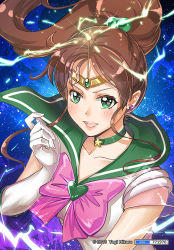 Rule 34 | 10s, 1girl, 2015, artist name, bishoujo senshi sailor moon, blue background, blush, bow, brooch, brown hair, choker, circlet, earrings, elbow gloves, electricity, female focus, gloves, green eyes, hair bobbles, hair ornament, heart, heart brooch, high ponytail, jewelry, kino makoto, long hair, magical girl, necklace, open mouth, parted bangs, pink bow, ponytail, sailor collar, sailor jupiter, smile, solo, sparkle, stud earrings, super sailor jupiter, tsuchan, upper body, white gloves, yagi hikaru