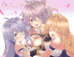 Rule 34 | 3girls, ahoge, anniversary, azur lane, bare shoulders, blonde hair, blush, breasts, cleavage, commentary request, creator connection, glasses, green eyes, grenville (azur lane), hair ornament, highres, l&#039;opiniatre (azur lane), large breasts, le temeraire (azur lane), long hair, looking at viewer, multicolored hair, multiple girls, one side up, open mouth, purple hair, red eyes, small breasts, smile, tonchinkan, very long hair