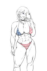 Rule 34 | 1girl, abs, american flag bikini, azur lane, bangs, bare shoulders, biceps, bikini, bikini bottom, bikini top, blue eyes, breasts, cellphone, choker, cleavage, collarbone, cross, cross choker, cross necklace, earrings, eyebrows visible through hair, flag print, highres, holding, holding phone, jewelry, large breasts, mole, mole on breast, monochrome, muscular, muscular female, navel, necklace, open mouth, phone, secksei, self shot, sidelocks, smartphone, smile, solo, standing, swimsuit, taking picture, thick thighs, thighs, washington (azur lane), white background