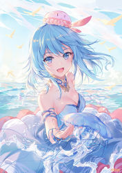 Rule 34 | 1girl, :d, animal, atdan, bare shoulders, bird, blue dress, blue eyes, blue hair, blue sky, breasts, bridal gauntlets, cleavage, cloud, collarbone, commentary request, day, dress, fang, fingernails, hair between eyes, haiyi, highres, horizon, jellyfish, looking at viewer, medium breasts, ocean, open mouth, outdoors, signature, sky, smile, solo, strapless, strapless dress, vocaloid, water