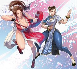 Rule 34 | absurdres, arm guards, ass, bare shoulders, black hair, bracelet, breasts, brown eyes, brown hair, bun cover, capcom, chinese clothes, chun-li, cirenk, cleavage, double bun, earrings, fatal fury, fighting stance, folded fan, folding fan, hair bun, hand fan, high ponytail, highres, holding, holding fan, japanese clothes, jewelry, large breasts, long hair, looking at viewer, multiple girls, ninja, pelvic curtain, ponytail, revealing clothes, rope, shiranui mai, short hair, sideboob, snk, street fighter, street fighter 6, the king of fighters, thick thighs, thighs, unitard