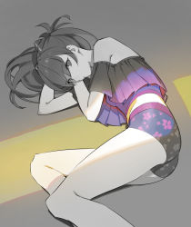 Rule 34 | 1girl, ass, bare legs, bare shoulders, boyshort panties, breasts, commentary, english commentary, floral print, frilled sleeves, frills, hairpods, interface headset, legs, long hair, looking at viewer, lying, making-of available, neon genesis evangelion, off shoulder, on side, serious, short sleeves, shorts, small breasts, solo, souryuu asuka langley, spot color, timbougami