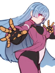 Rule 34 | 1girl, blue hair, bodysuit, breasts, fighting stance, from side, highres, kula diamond, long hair, looking at viewer, looking to the side, medium breasts, pink eyes, purple bodysuit, simple background, sketch, solo, standing, sumiyao (amam), the king of fighters, very long hair, w, white background