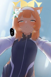 Rule 34 | 1girl, animal ear fluff, animal ears, blue archive, blue eyes, blurry, blurry background, erogomatinpo, flower, from below, hair flower, hair ornament, hairband, half-closed eyes, halo, highres, jacket, long hair, long sleeves, looking at viewer, mari (blue archive), mari (track) (blue archive), orange hair, parted lips, solo, speech bubble, sweat, teeth, track jacket, white hairband