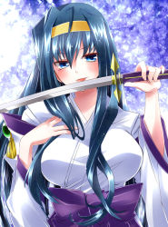 Rule 34 | 00s, 1girl, blue hair, hairband, harunonanashiki, himemiya chikane, kannazuki no miko, licking, long hair, solo, sword, weapon