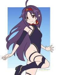 Rule 34 | 1girl, ahoge, blue background, boots, border, breasts, commentary request, hairband, headband, high heels, highres, knee boots, leotard, long hair, looking at viewer, naotosi, outside border, purple hair, red eyes, simple background, small breasts, smile, solo, standing, standing on one leg, sword art online, very long hair, white border, yuuki (sao)