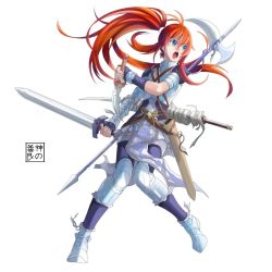 Rule 34 | 1girl, armor, blue eyes, eudetenis, fighting stance, greaves, halberd, katana, knife, long hair, open mouth, polearm, ponytail, project ap, red hair, sheath, shoulder pads, simple background, solo, sword, very long hair, weapon, white background