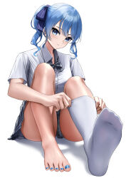 Rule 34 | 1girl, absurdres, adjusting clothes, adjusting legwear, barefoot, blue eyes, blue hair, blue ribbon, bow, bowtie, breasts, closed mouth, collared shirt, eyelashes, feet, foot focus, foreshortening, full body, grey bow, grey bowtie, grey skirt, hair ribbon, highres, hololive, hoshimachi suisei, knees up, laimer, legs, long hair, looking at viewer, miniskirt, nail polish, no shoes, official alternate costume, on ground, plaid, plaid bow, plaid bowtie, plaid skirt, pleated skirt, ribbed socks, ribbon, school uniform, shadow, shiny skin, shirt, short sleeves, side ponytail, sidelocks, sitting, skirt, small breasts, socks, soles, solo, star (symbol), star in eye, swept bangs, symbol in eye, thighs, toenail polish, toenails, toes, virtual youtuber, white background, white socks