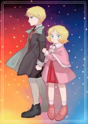Rule 34 | aged down, brother and sister, char aznable, clothes grab, coat, gundam, mobile suit gundam, mobile suit gundam the origin, pink coat, sayla mass, siblings, sleeve grab, tagme
