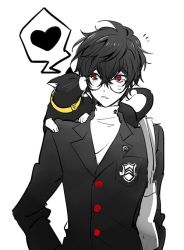 Rule 34 | 10s, 1boy, amamiya ren, animal, black hair, buttons, cat, curly hair, glasses, heart, heke, kiss, kissed by animal, kissing cheek, looking at another, male focus, morgana (persona 5), persona, persona 5, school uniform, simple background, spoken heart, sweatdrop, turtleneck, white background