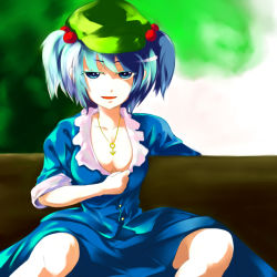 Rule 34 | 1girl, amagi xx, amaki someichi, bench, blue eyes, blue hair, breasts, cleavage, female focus, hair bobbles, hair ornament, hat, jewelry, kawashiro nitori, kuso miso technique, matching hair/eyes, meme, necklace, parody, short hair, sitting, small breasts, solo, touhou, two side up, undressing, yaranaika