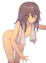 Rule 34 | 1girl, bent over, blush, breasts, brown eyes, brown hair, commentary request, completely nude, convenient arm, convenient censoring, everyntrge, hair between eyes, looking down, medium breasts, medium hair, nude, original, simple background, solo, towel, towel around neck, wet, white background