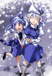 Rule 34 | 2girls, ^ ^, blue dress, blue hair, bow, cirno, dress, closed eyes, hair bow, hat, letty whiterock, multiple girls, open mouth, silver hair, smile, touhou, yohane