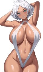 Rule 34 | 1girl, absurdres, ahoge, alternate costume, aqua eyes, arms behind head, arms up, bare shoulders, blush, breasts, breasts apart, choker, collarbone, commentary, cowboy shot, curvy, dark-skinned female, dark skin, doyagao, grey hair, grin, groin, gundam, gundam suisei no majo, highleg, highres, jasony, large breasts, linea alba, looking at viewer, naughty face, navel, one-piece swimsuit, paid reward available, parted bangs, secelia dote, shiny skin, short hair, sideboob, simple background, slingshot swimsuit, smile, smug, solo, standing, stomach, swimsuit, thick thighs, thighs, underboob, v-shaped eyebrows, white background, white one-piece swimsuit, white slingshot swimsuit, wide hips