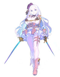 1girl blue_eyes blue_jacket boots breasts cleavage dress dual_wielding enkyo_yuuichirou flower forehead frilled_dress frills full_body gloves hair_flower hair_ornament high_heel_boots high_heels highres holding holding_sword holding_weapon holster huge_breasts jacket long_hair looking_at_viewer open_clothes open_jacket open_mouth original parted_bangs purple_flower purple_rose rose silva_(enkyo_yuuichirou) standing sword thigh_holster weapon white_background white_hair